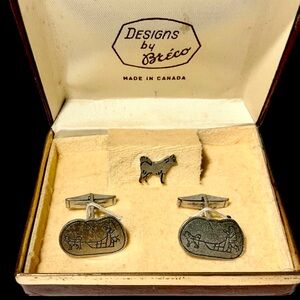 Vintage Sterling Silver Box Set Tie Tac Cufflink Musher Sled Husky & Inuit Doll